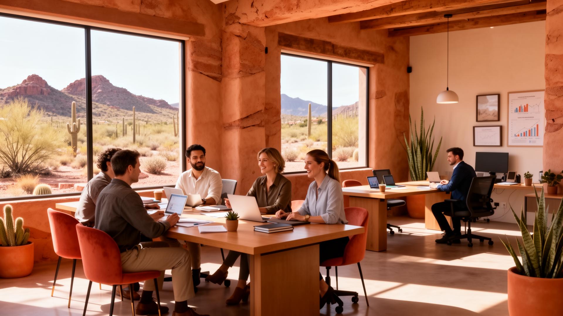 Modern Scottsdale workspace with entrepreneurs collaborating and desert views